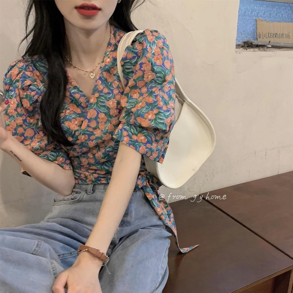 เสื้อครอปเชิ้ตแขนสั้นลายดอกไม้ คอวี 99057 thumbnail 3
