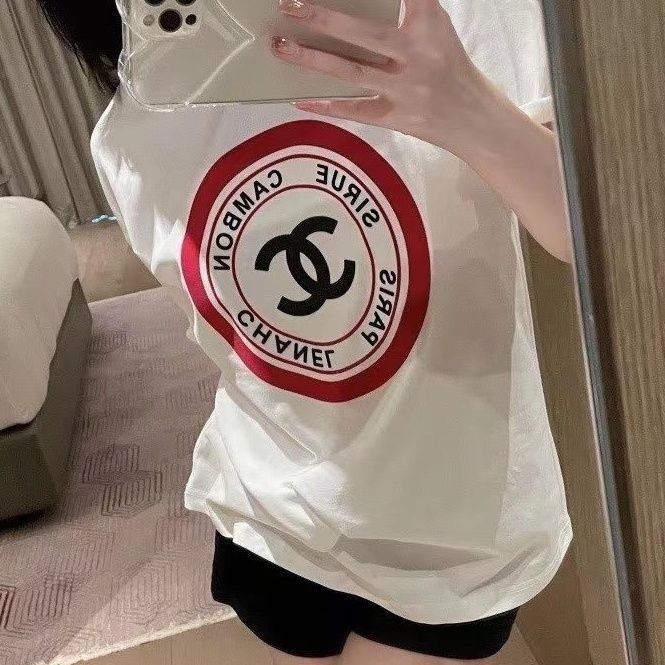 CHANEL1776 เสื้อแขนสั้นทรงหลวมสำหรับผู้หญิง ทำจากผ้าฝ้ายแท้ สำหรับสวมใส่ในทุกวัน