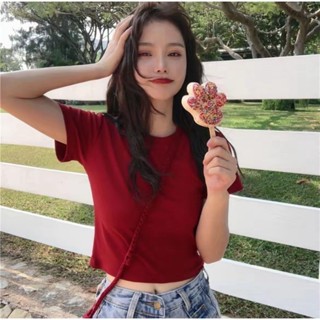 🎇Alva🎇พร้อมส่ง🚚 เสื้อครอป คอกลม แขนสั้น ผ้านิ่มลื่น #9020