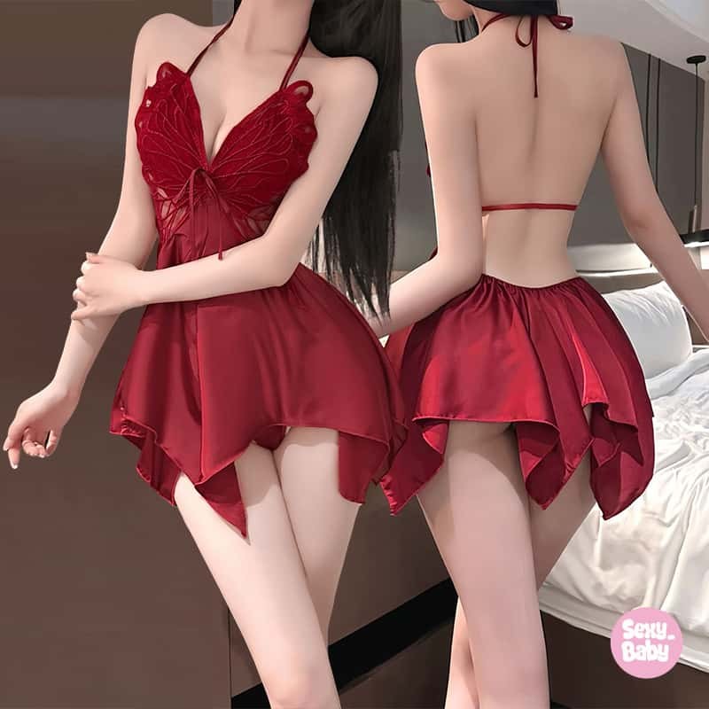sexy baby เดรสลูกไม้ เดรสโบว์ ชุดนอนซีทรู ยั่ว คอวีลึก สีแดง ตกแต่งโบว์ over size ส่งไวจากไทย