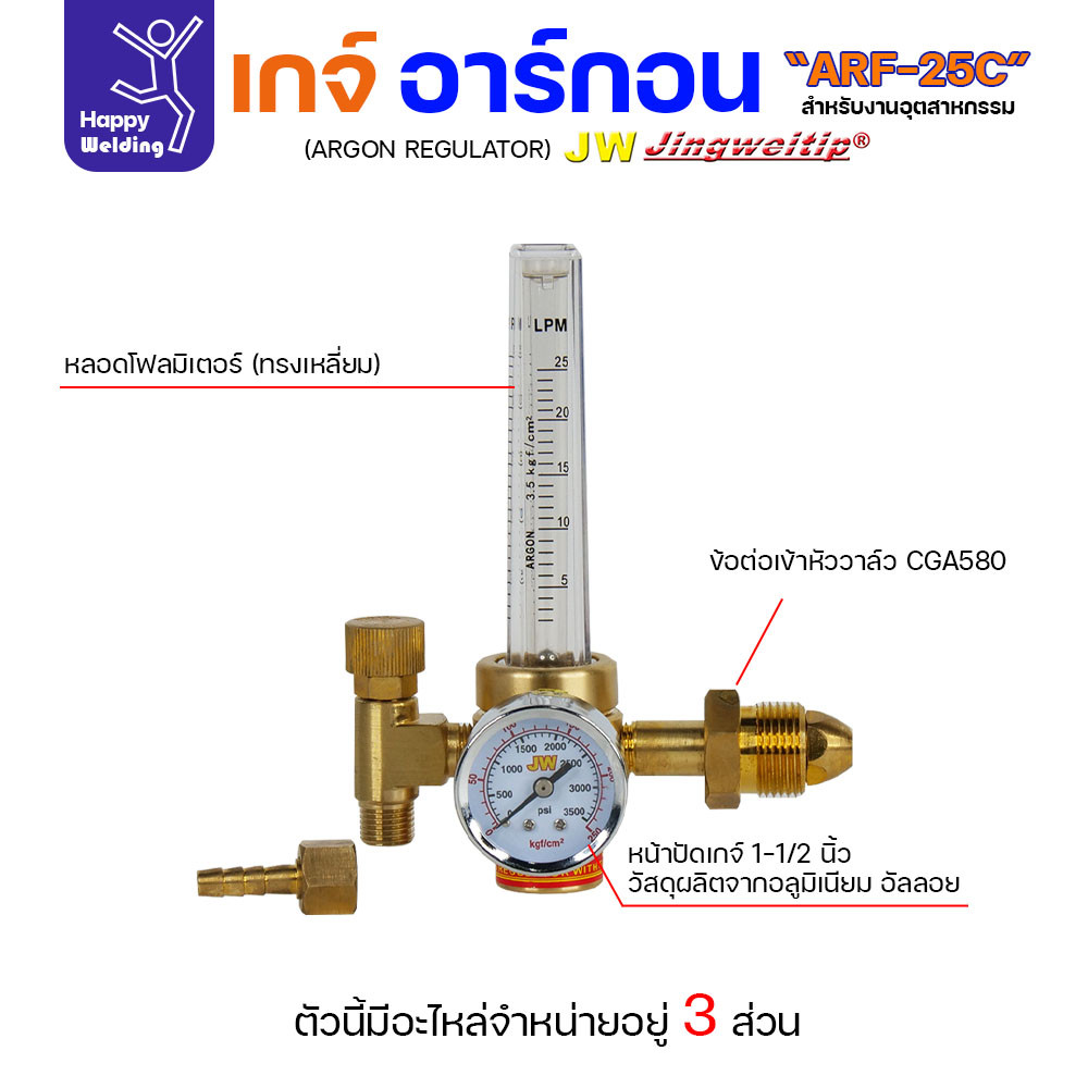 อะไหล่เกจ์อาร์กอน JW รุ่น ARF-25C (Argon Gauge Spare Parts) หลอดโฟลว์มิเตอร์ หน้าปัดวัดแรงดัน และตัวต่อวาวล์ถัง