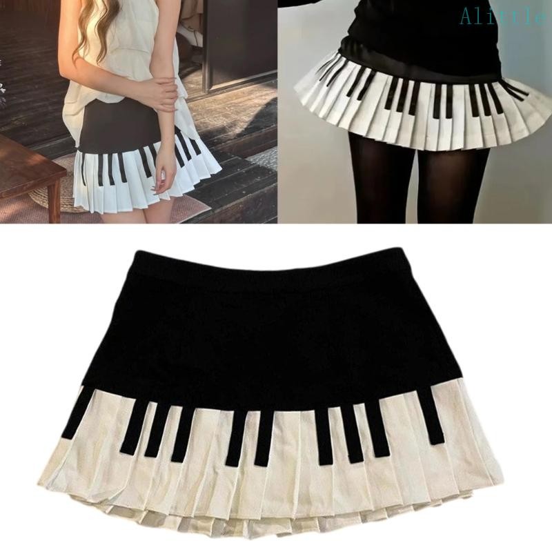 Women's  Waist Pleated Vintage Aesthetic Piano Key Print A Line Mini Skirt