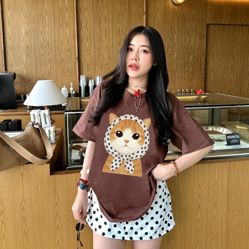 COD✅ เสื้อสีฟอก เสื้อยืดเย็นเ สื้อยืด oversize รูปแบบถนน โคตรนุ่ม ผ้าคอตตอน ลาย "Hooded CAT" สินค้าใหม่-A23
