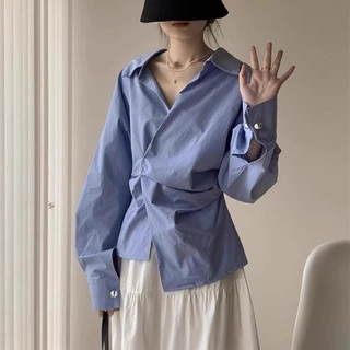 Lune_Graceเสื้อเชิ้ตแฟชั่นฝรั่งเศส คอวีแขนยาว เก็บเอว ดีไซน์ชายไม่เท่ากัน เท่ หรู ไม่เหมือนใคร ต้องมีติดตู้-รุ่นW611
