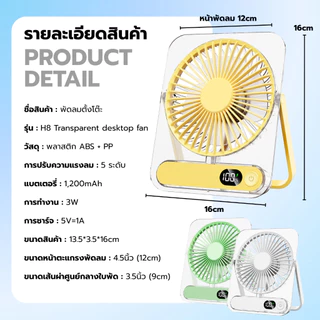 พัดลมพกพา อะคริลิคใส usb สีสันสวยงาม พัดลมไร้สาย ขนาดเล็กกะทัดรัด พัดลมตั๊งโต๊ะพัดลม type-c H8 desktop fan fashion