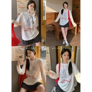Cicishop(CM2082) เสื้อยืดแขนยาวพิมพ์ลายดอกไม้ตัวอักษรผ้ายืด ผ้าโปร่งบางๆสไตล์แฟชั่นเกาหลี