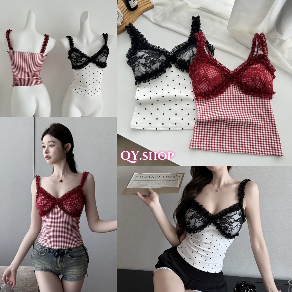 QY.Shop สินค้าราคาพิเศษ เสื้อสายเดี่ยวบายสก็อต มินิมอลสไตล์ ดีเทลขอบลูกไม้ เสริมฟองน้ำในตัว “FY66018” – โปรปัง
