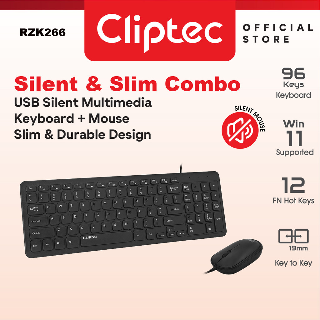 CLiPtec OFIZXILENT-COMPACT USB Silent Multimedia Keyboard and Mouse Combo Set RZK266