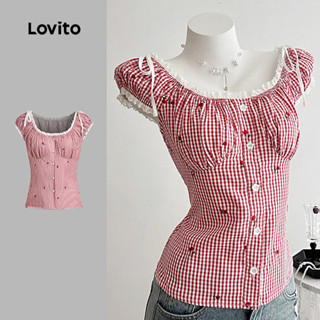 (New) Lovito เสื้อถักลูกไม้สวยหรูสำหรับผู้หญิง สีแดง เหมาะสำ…
