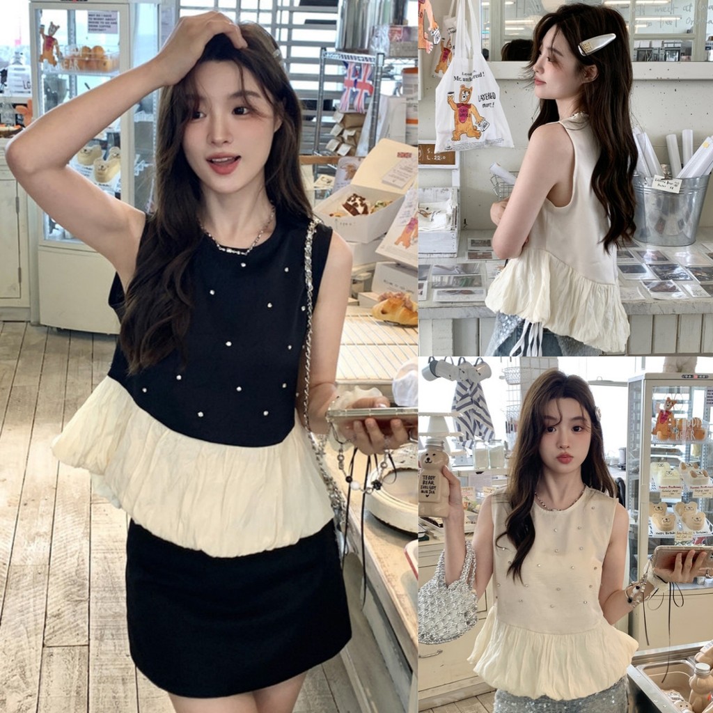 Trendie-เสื้อแขนกุด คอกลม ดีเทลสีเบจ เสื้อแขนกุด สไตล์เกาหลี ใส่สบาย น่ารัก ส่งไวจากไทย