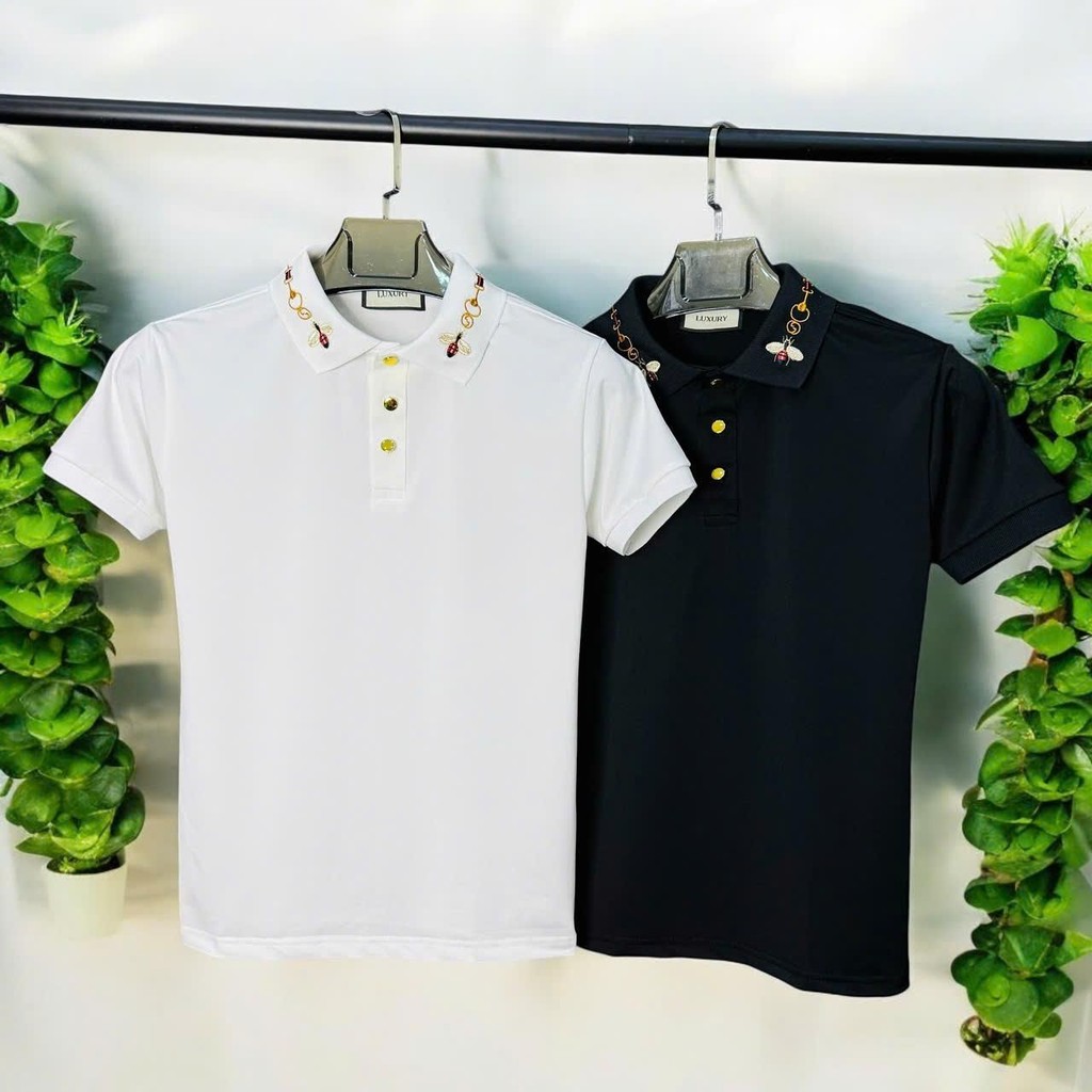 เสื้อโปโลผู้ชาย GU CI ใหม่ ปกปักผึ้งขาวดํา ปกปักขอบรอบคอ