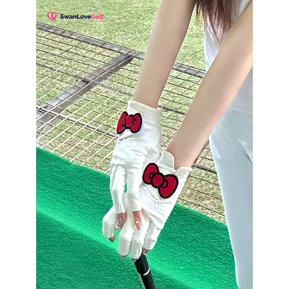 ถุงมือกอล์ฟหญิง kitty Cat Bow ถุงมือผ้า Fingerless Anti-slip ทนต่อการสึกหรอ Breathable มือซ้ายขวามือหญิง r