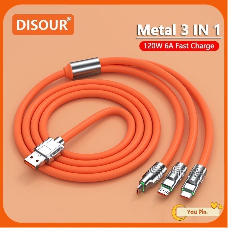 สายชาร์จ 3-in-1 120W 6A Ultra Fast Charger สาย USB สําหรับสายโทรศัพท์มือถือทุกชนิดพร้อมพอร์ตชาร์จ Android Ios Type-C