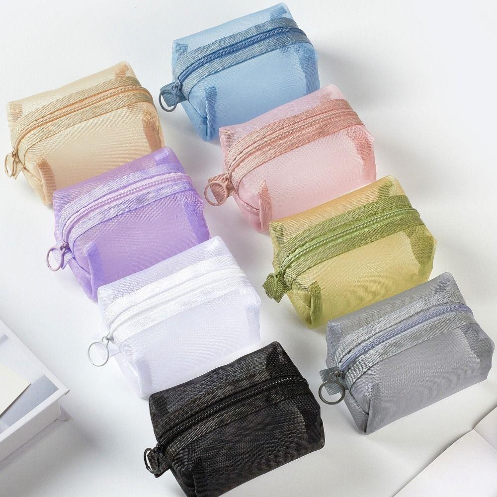 GIFTHUB  ของขวัญฮับ กระเป๋าเครื่องสําอาง, กระเป๋าใส่เหรียญสีทึบตาข่าย, กระเป๋าเก็บของแบบพกพาความจุขนาดใหญ่ผู้หญิง