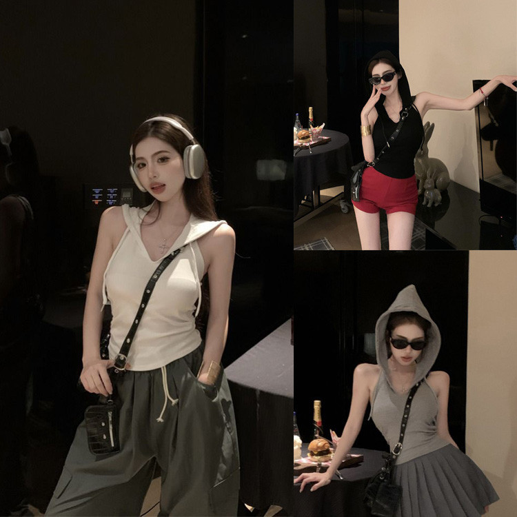 สไตล์อเมริกันเสื้อกันหนาวหมวกเปลือยเสื้อกล้ามแฟชั่นผู้หญิงs ฤดูร้อนด้านบน