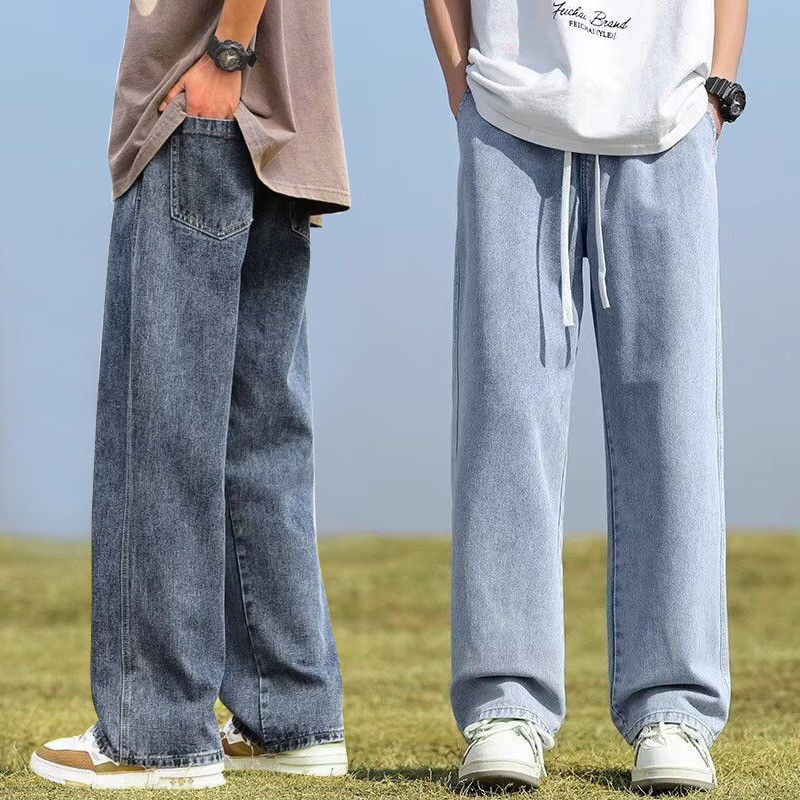 M-5XL กางเกงขายาวผู้ชาย กางเกงยีนส์ขากว้างทรงหลวมสไตล์เกาหลีลำลองไซส์ใหญ่ตรง กางเกงผู้ชาย