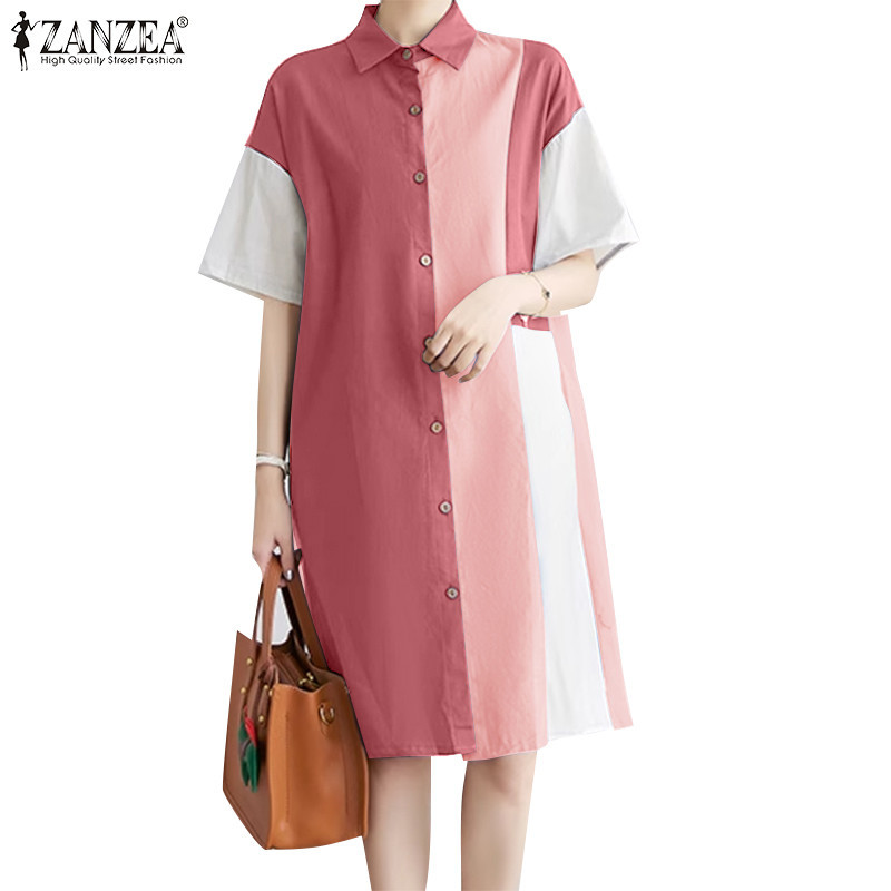 ZANZEA ใส่ ซานเซีย ผู้หญิงลําลองโปโลคอปกแขนสั้นปุ่มขึ้นเย็บปะติดปะต่อกันแฟชั่นชุด