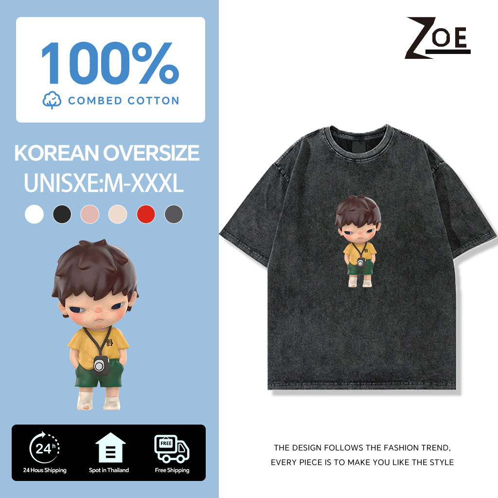 ZOE(จัดส่งตลอด 24 ชั่วโมง) คอตตอน คอกลม เสื้อยืดฟอก POPMART HIRONO tee เสื้อแขนสั้น S-3XL คอตตอ 100%