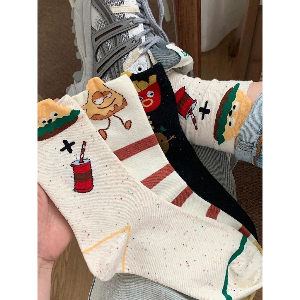 ถุงเท้าเฟรนช์ฟรายเดิมเบอร์เกอร์ที่เรียบง่ายไม่มีกระดูก Dongdaemun การ์ตูนน่ารัก ins กระแสกลางกรวย