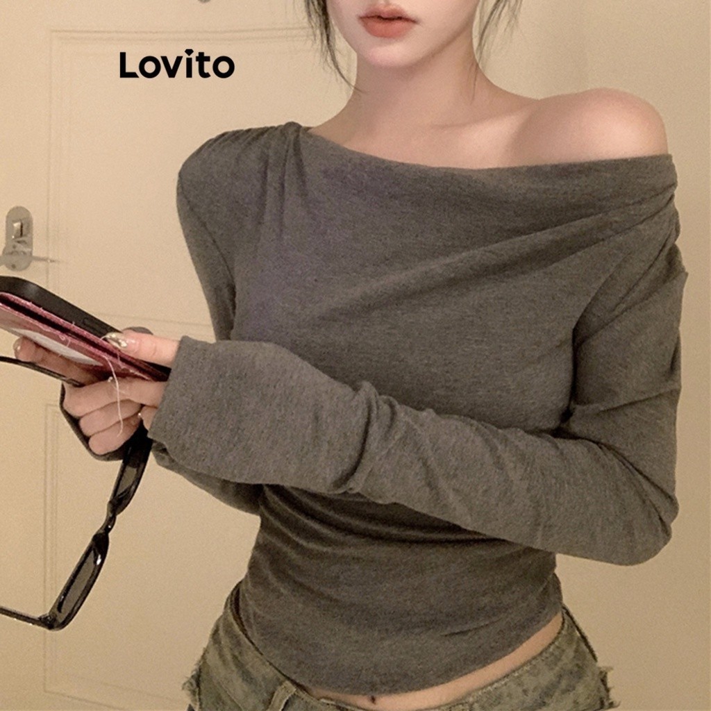 Lovito เสื้อแขนยาวผู้หญิง สไตล์ลำลอง สีพื้น ปาดไหล่ข้างเดียว LNE33017 (เทา/ดำ)