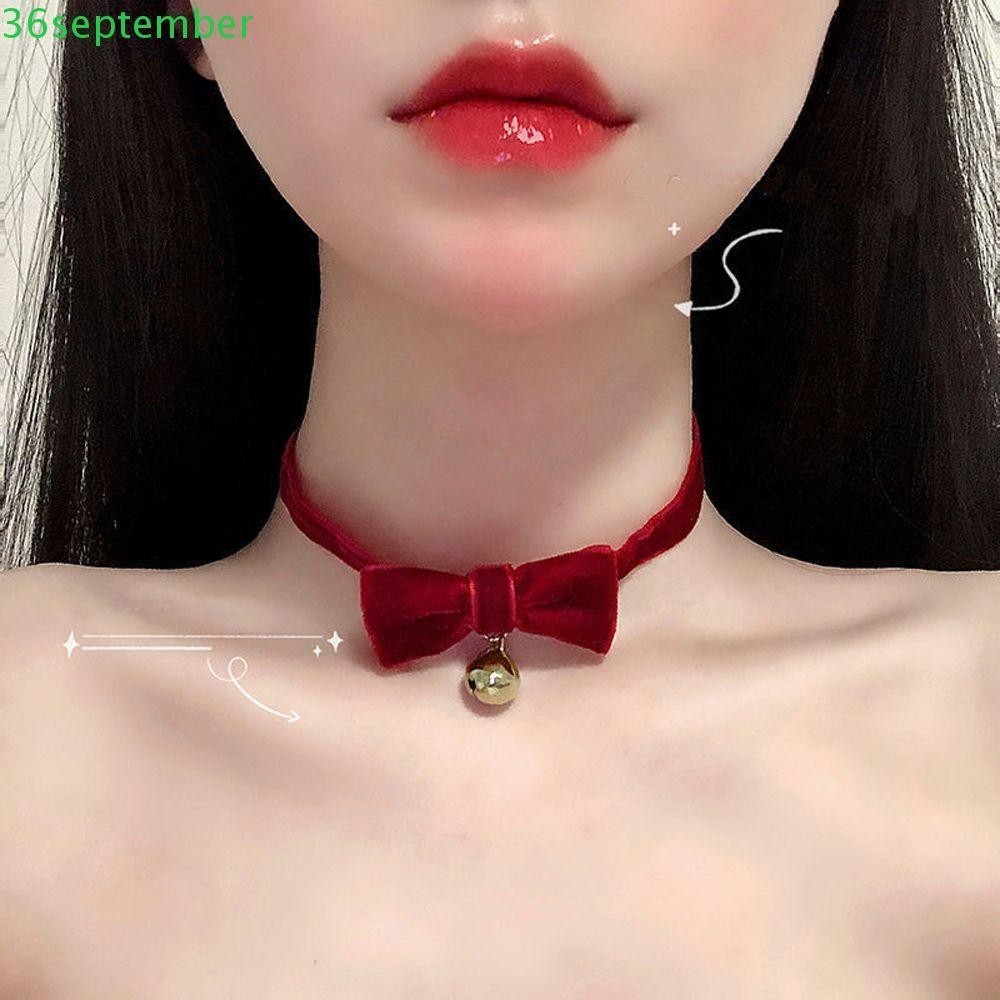 September สร้อยคอโชคเกอร์ ผ้ากํามะหยี่ ประดับโบว์ สีแดง สไตล์เกาหลี วินเทจ สําหรับผู้หญิง