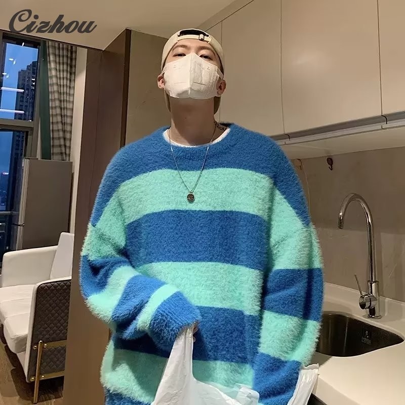 เสื้อสเวตเตอร์ถักนิตติ้งคอกลมลายทางแขนยาวลําลองสําหรับบุรุษ เยาวชนความนิยม