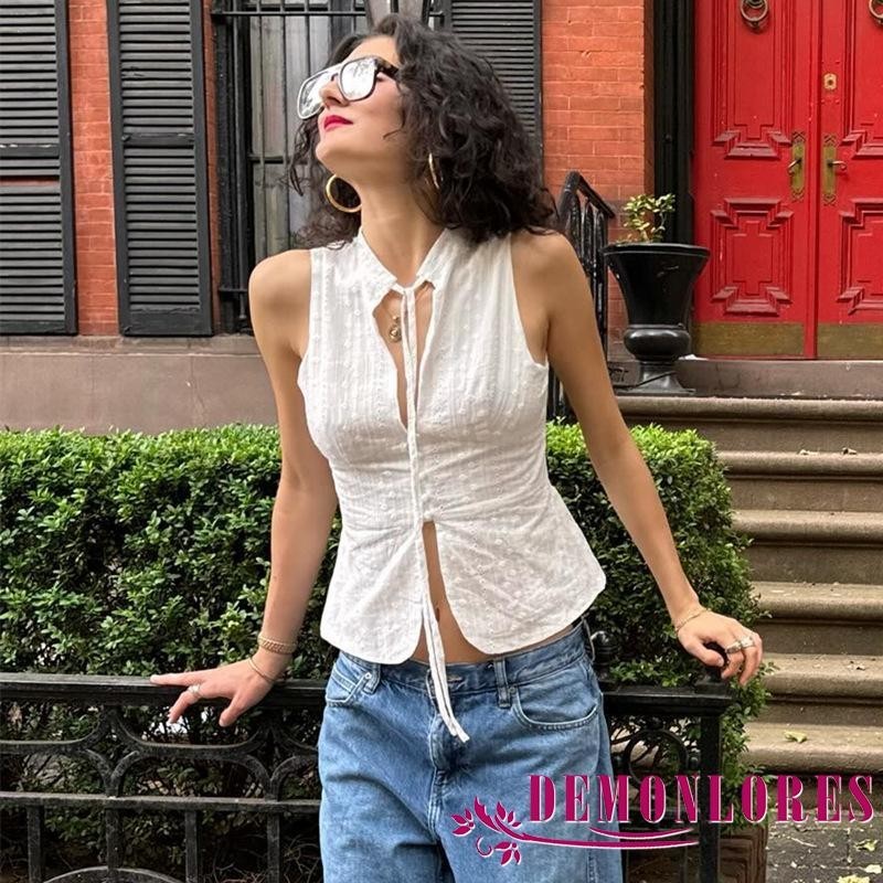 Demonlores-ผู้หญิงฤดูร้อน Tie Up แขนกุด Mock คอด้านหน้า Cutout เย็บปักถักร้อย Tank Tops