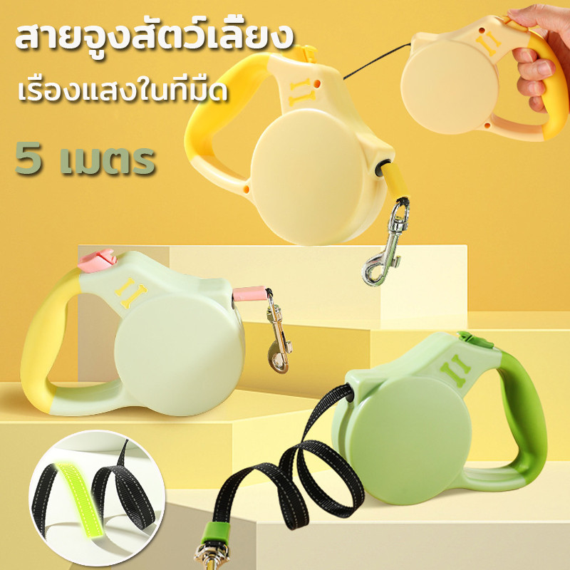 พร้อมแล้ว สายจูงสัตว์เลี้ยง สายจูงสุนัขแบบยืดหดอัตโนมัติ  เชือกสะท้อนแสง 5 เมตร ทนต่อแรงดึง