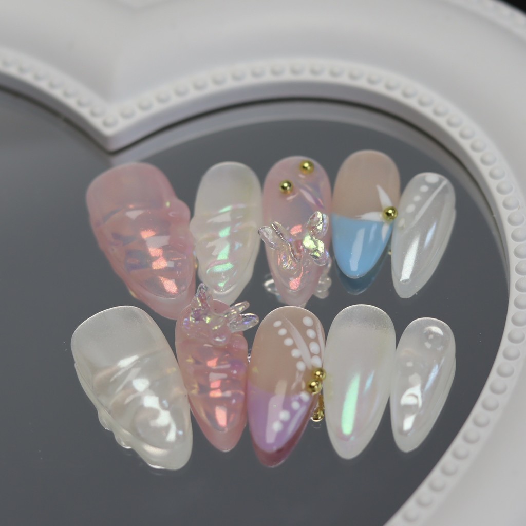 100% handmade เล็บประดิษฐ์ Almond Aurora Pink Butterfly Phototherapy Press ON nails เล็บที่นำกลับมาใช้ใหม่ได้และถอดออกได้พร้อมชุดเครื่องมือ