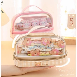 พร้อมจัดส่ง✨กระเป๋าดินสอ PVC แบบใส สองชั้น เรียบง่าย และน่ารัก สร้างสรรค์ สําหรับใส่เครื่องเขียน กล่องอุปกรณ์การเรียน