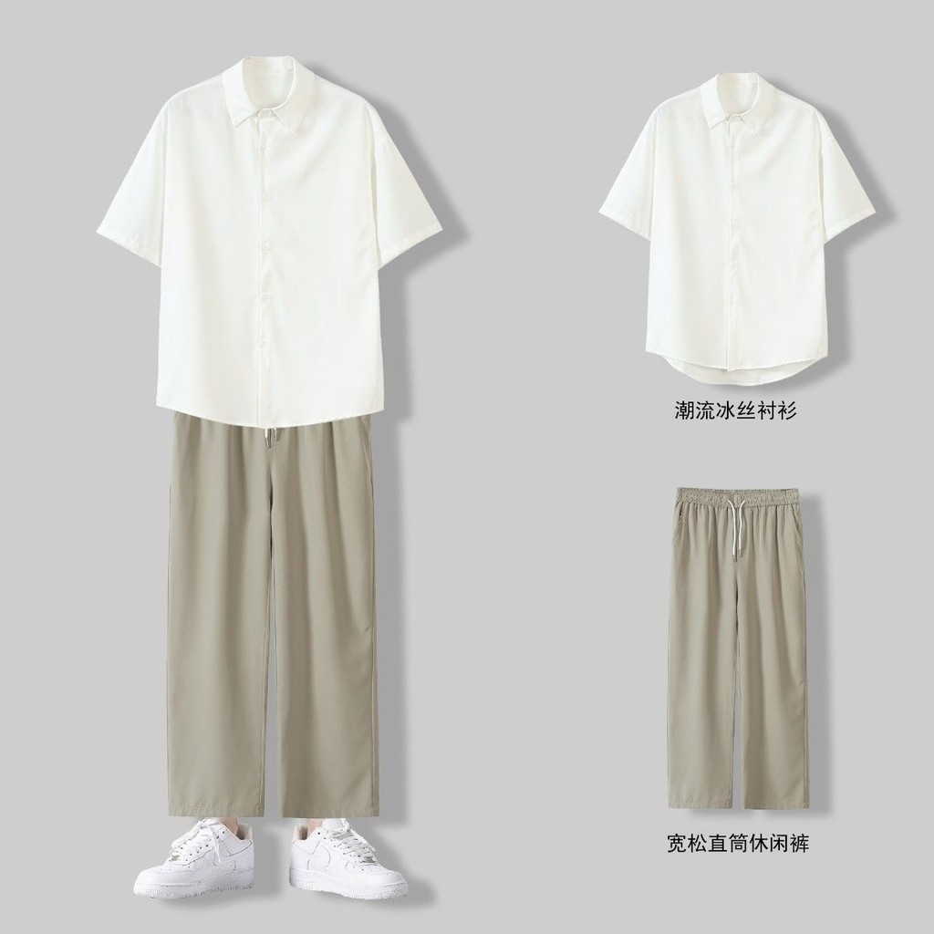 Light Mature สไตล์ชุดสูทชาย Yuppie หล่อหนึ่งชุดจับคู่บริสุทธิ์ ュア เสื้อแขนสั้นผ้าไหมน้ําแข็งกางเกงขากว้าง