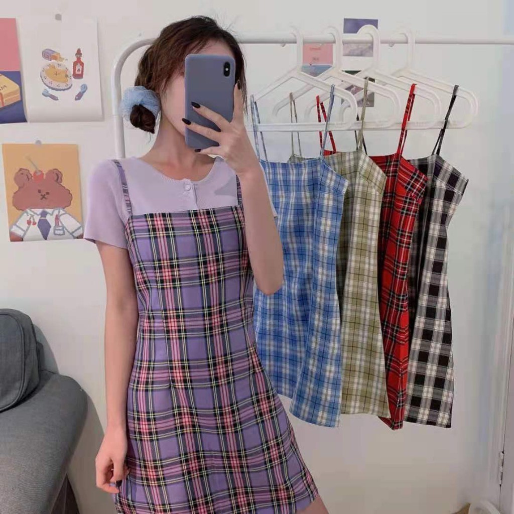 ✨Cynthai✨พร้อมส่ง ชุดเดรส สายเดี่ยว ลายสก๊อต (ไม่มีเสื้อคลุม) ผ้าลื่น สวมใส่สบาย สไตล์เกาหลี #5610