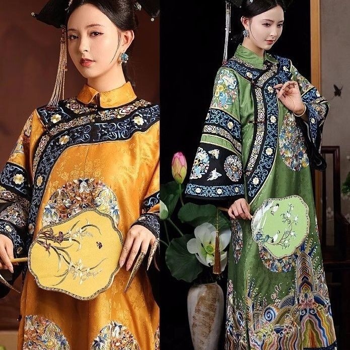 สินค้าพรีเมี่ยมสวย ราชวงศ์ชิงราชินีชุดราชินีโชคดีเสื้อผ้าราชวงศ์ชิงหญิงรุ่นปรับปรุง ฮันฟู พระราชวังสไตล์พิมพ์ ฮันฟู สไตล์จีนชุดโบราณเสื้อผ้าธงชุ
