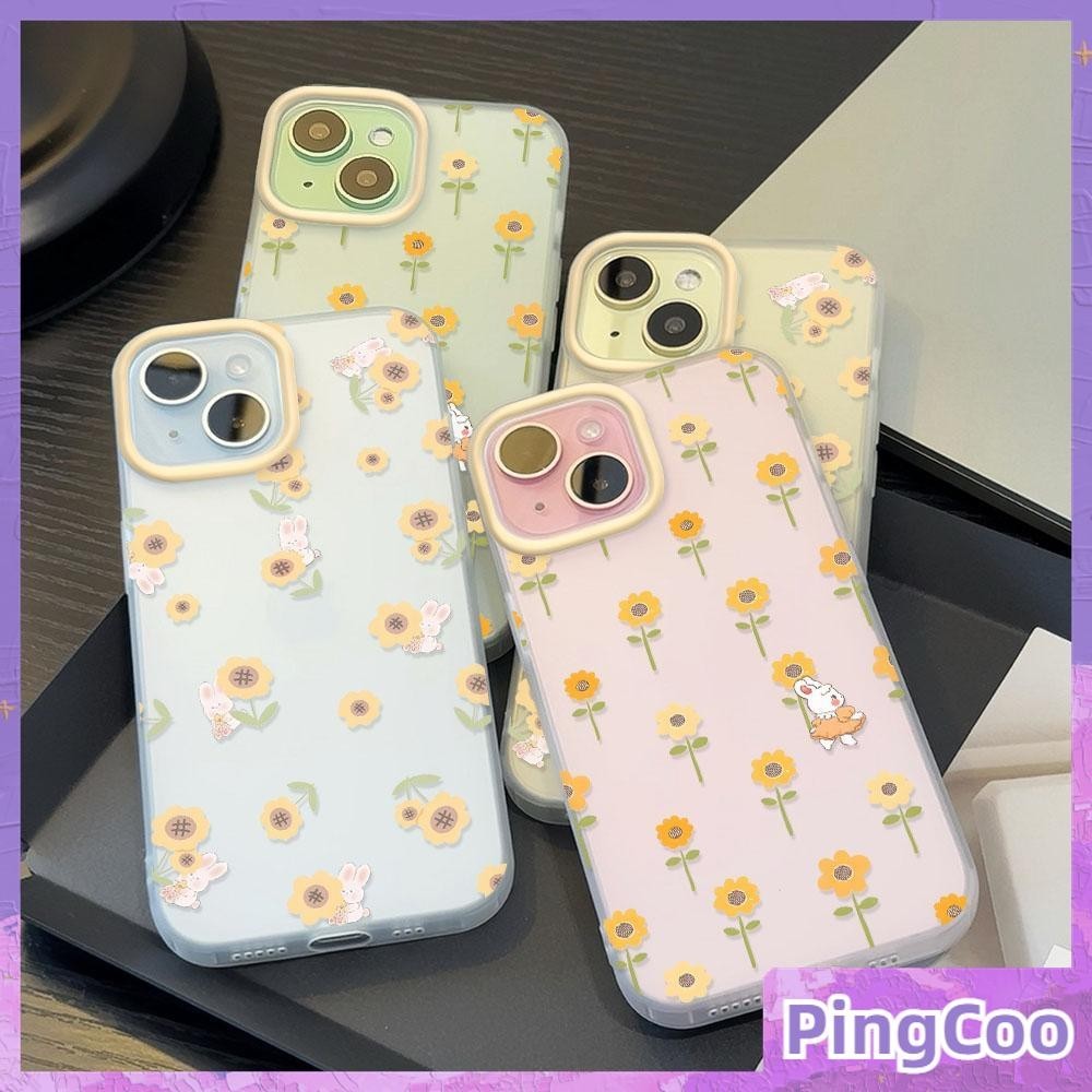 Pingcoo - เคสใส iPhone15 11 Pro Max iPhone เคส TPU นิ่มป้องกันรอยนิ้วมือแบบด้าน กระต่ายเต้นรำสุดน่ารักท่ามกลางดอกทานตะวัน Compatible With iPhone14 13 12 Pro max XS XR 7 8 Plus