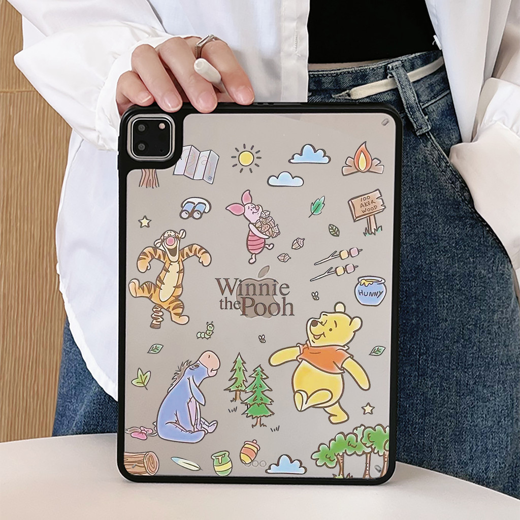 เคสวินนี่เดอะพูห์ iPad pro11 2022 2024 air4/5/6 เคส iPad gen7/8/9/10 air3 10.5 iPad ขอบดําอะคริลิคฝาหลัง