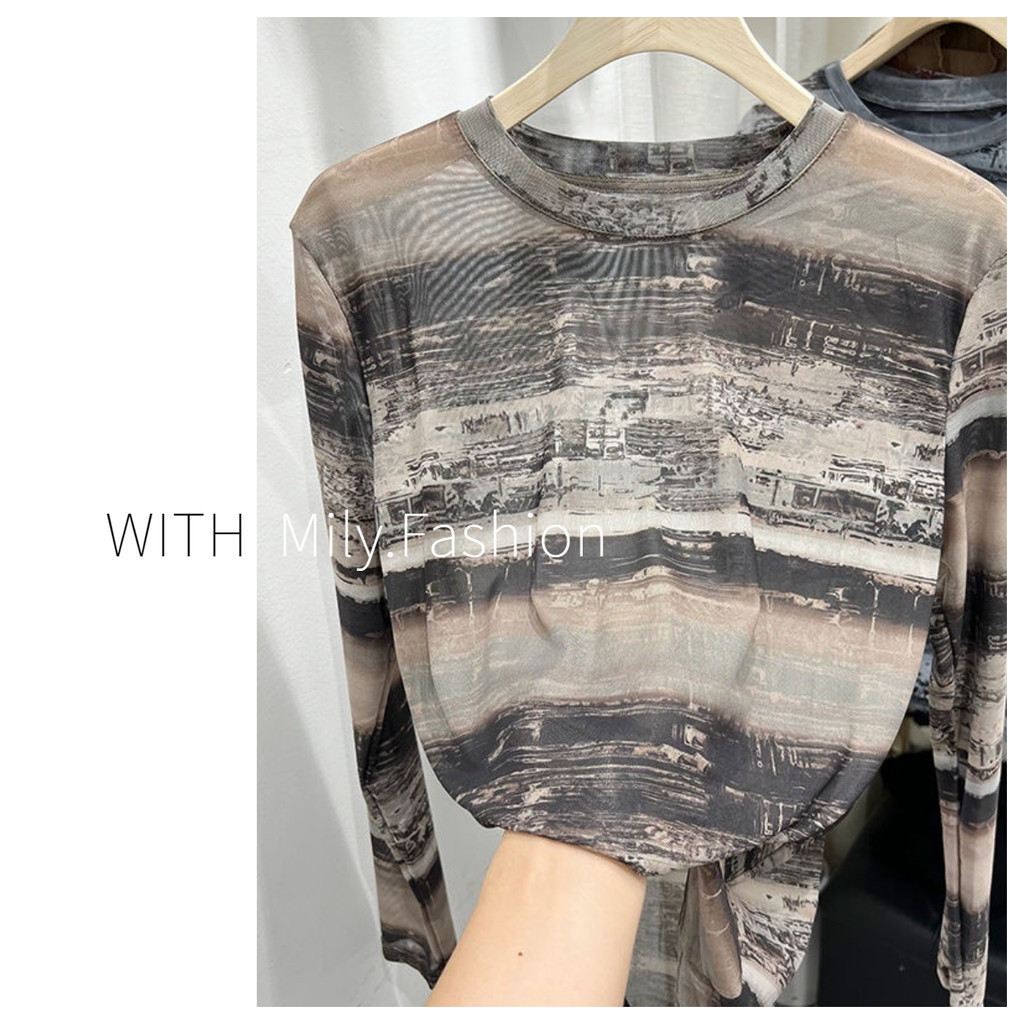 เสื้อยืดแขนยาว ผ้าตาข่าย พิมพ์ลายหมึก แบบบาง อินเทรนด์ใหม่