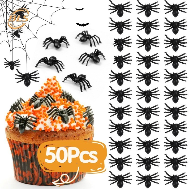 50ชิ้นสมจริงพลาสติกแมงมุมของเล่นฮาโลวีนเล่นตลกอุปกรณ์ประกอบฉาก-สีดําแมงมุมปลอมตลกตลกเล่นตลกอุปกรณ์ประกอบฉาก-ฮาโลวีนพรรคซัพพลาย