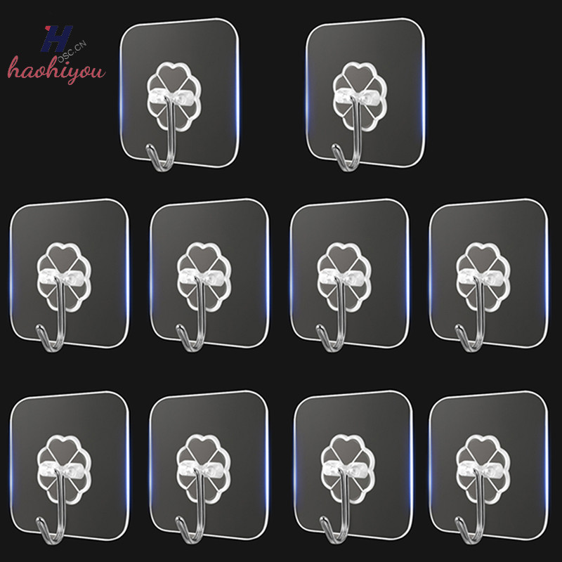 <haohiyou> 10pcs สแตนเลสโปร่งใส Strong Self กาวตะขอ Key Storage แขวนสําหรับห้องครัวห้องน้ําประตูผนัง Multi-Function Nice