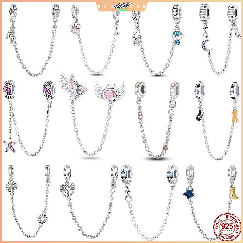 925 เงินสเตอร์ลิงฤดูใบไม้ร่วงใหม่ Charm ล็อค Moon Safety Chain Charm ลูกปัด fit Original Pandora สร้อยข้อมือผู้หญิง DIY เครื่องประดับ