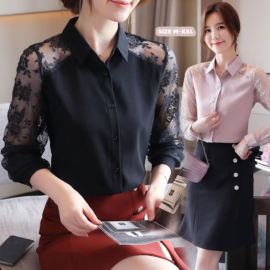 mimi&didi#เสื้อเชิ้ตลูกไม้ แขนยาว เสื้อทำงานแฟชั่น สวยหรู สไตล์ใหม่ สำหรับผู้หญิง ดีไซน์ลูกไม้ที่ปลายแขนก็ดูสวยงาม#W449