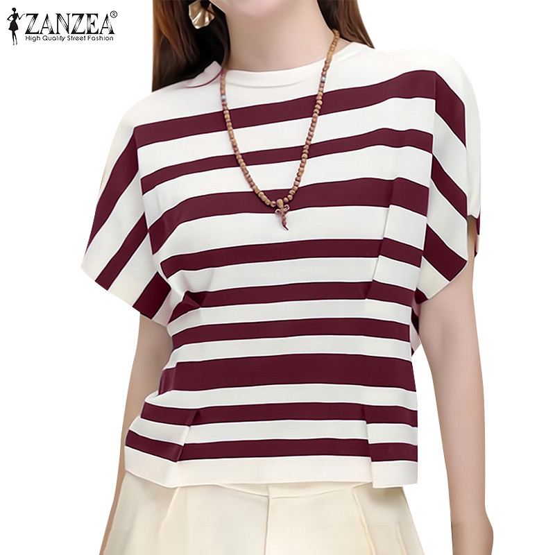 ZANZEA ซานเซีย ผู้หญิงเกาหลีลําลองรอบคอลายแขนสั้นจีบเข็มขัดเสื้อ