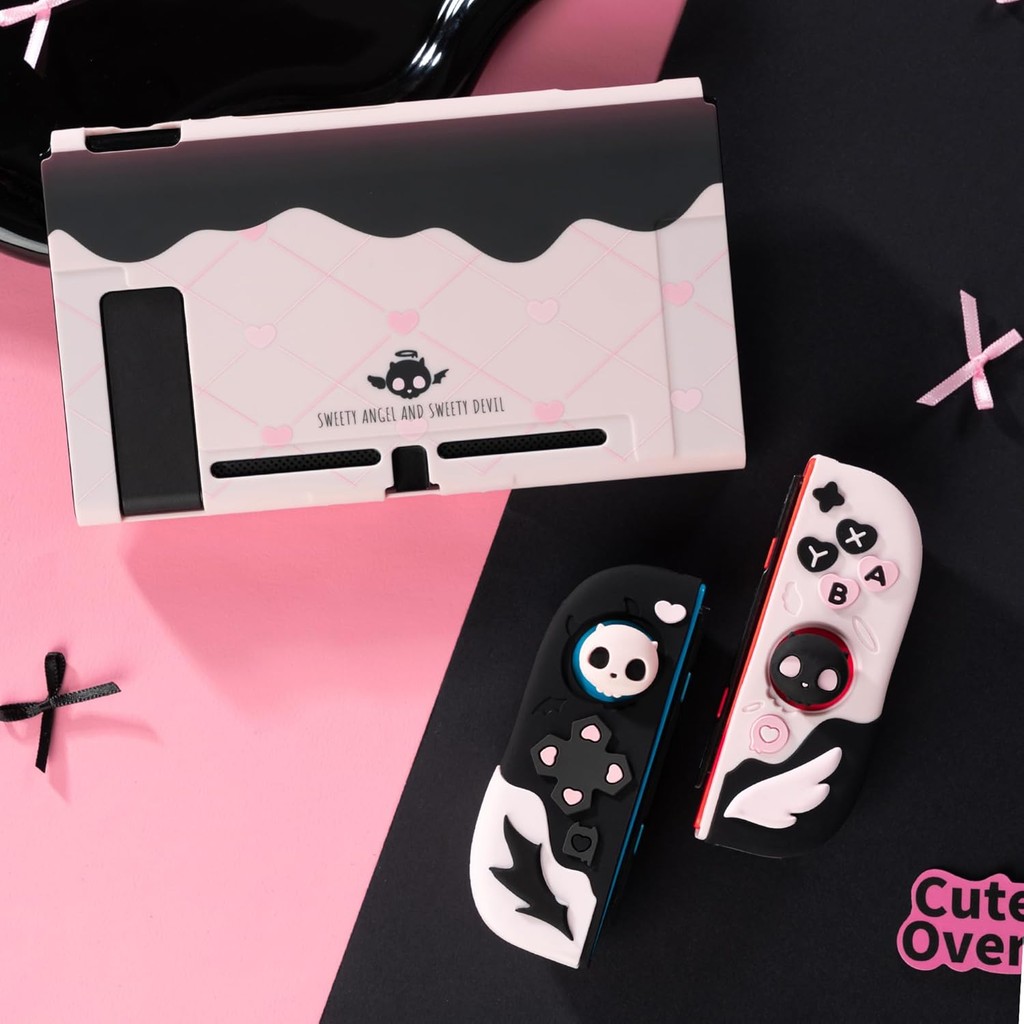 เคสป้องกันสําหรับ Switch/OLED Anti-Scratch Slim Cover Case ใช้งานร่วมกับ Nintendo Switch Sparable Soft Silicone Protective Shell with 2 Thumb Grip Caps- Sweetheart Skull
