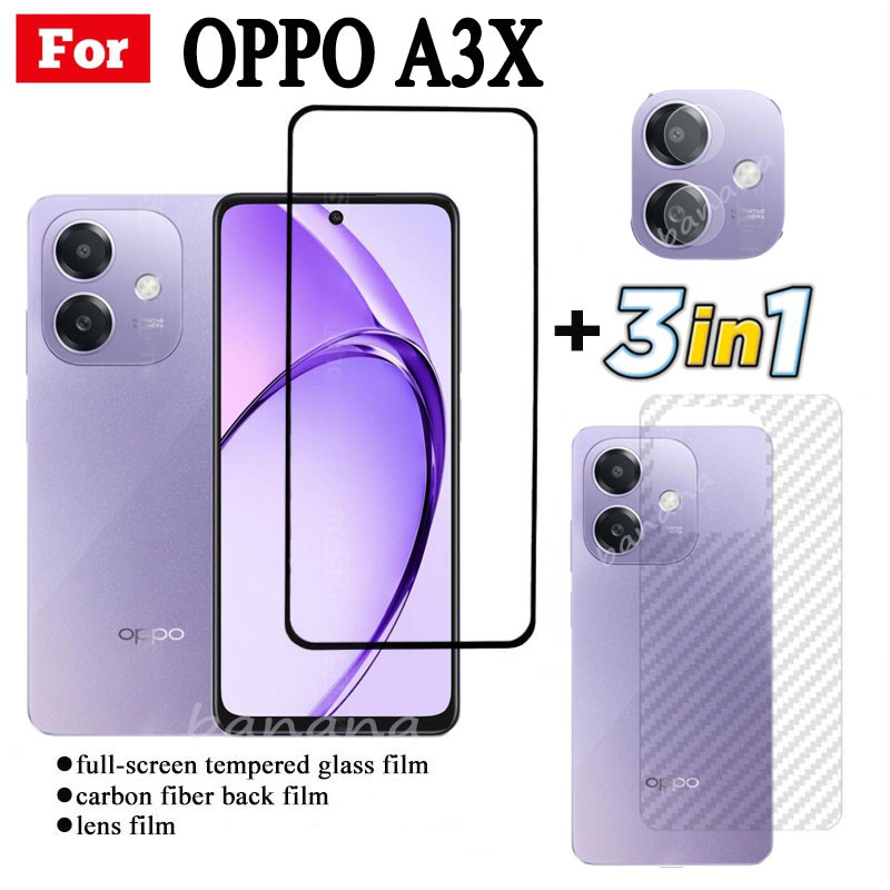 3 IN 1 OPPO A3x ฟิล์มกระจกนิรภัยสําหรับ OPPO A3 Pro 5G A60 4G คลุมทั้งหมดป้องกันหน้าจอกระจก + ฟิล์มเลนส์กล้อง + ฟิล์มด้านหลัง