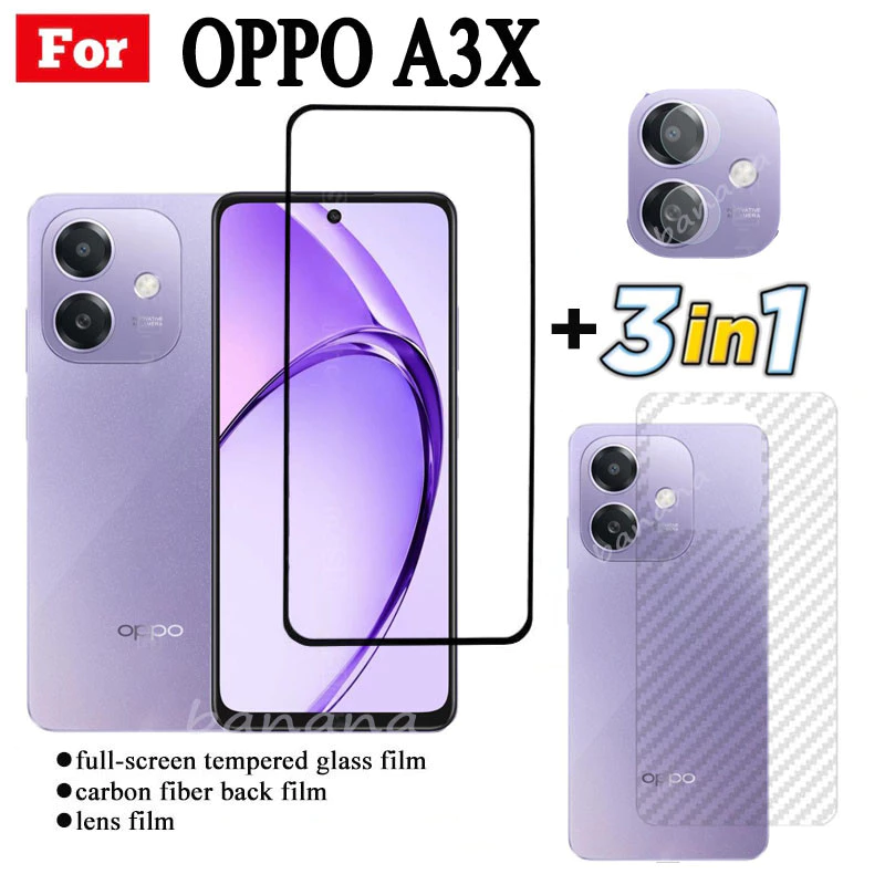 3 IN 1 OPPO A3x ฟิล์มกระจกนิรภัยสําหรับ OPPO A3 Pro 5G A60 4G คลุมทั้งหมดป้องกันหน้าจอกระจก + ฟิล์มเลนส์กล้อง + ฟิล์มด้านหลัง