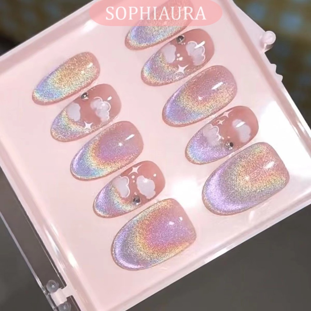 Sophiaura เล็บทําด้วยมือ Rainbow Cat Eye สั้นรูปอัลมอนด์ออกแบบน่ารักนํากลับมาใช้ใหม่ Natrual เล็บปลอมสําหรับสาว Handmade กดบนเล็บเล็บปลอมเล็บ