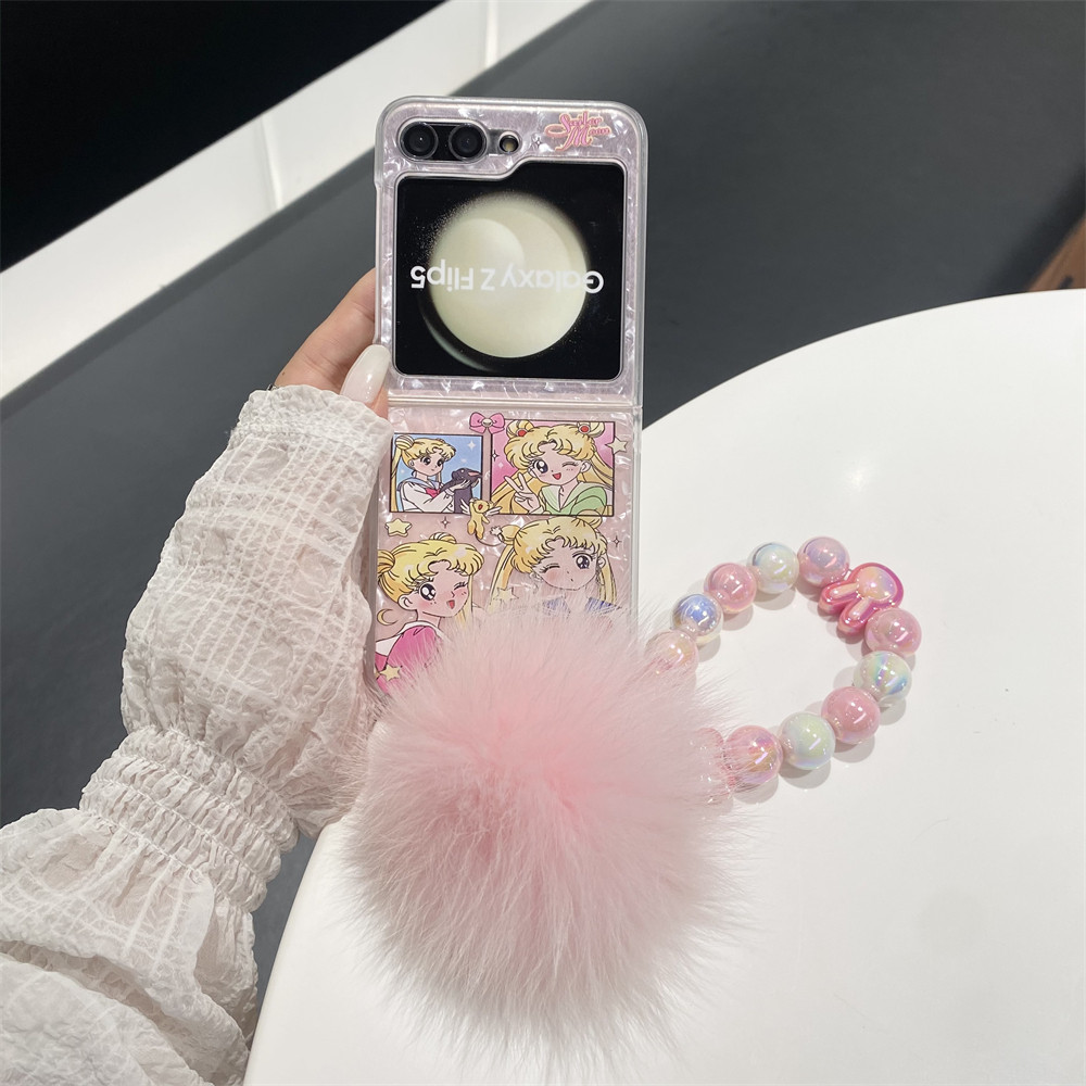 Flip6 Samsung Galaxy Z Flip5 เคสเปลือกสีชมพูน่ารักการ์ตูนเซเลอร์มูนพร้อมสายโซ่เคส Samsung Galaxy Z Flip 3 Flip 4 5G กันกระแทกโทรศัพท์ความคิดสร้างสรรค์ฝาครอบ