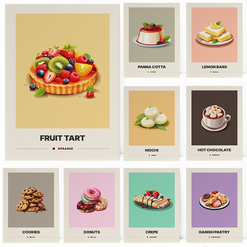 ขนมหวาน Cafe Biscotti Cornetto คุกกี้ Donuts Tart Red Velvet เค้กโปสเตอร์ Wall Art ภาพผ้าใบภาพวาดตกแต่งบ้าน