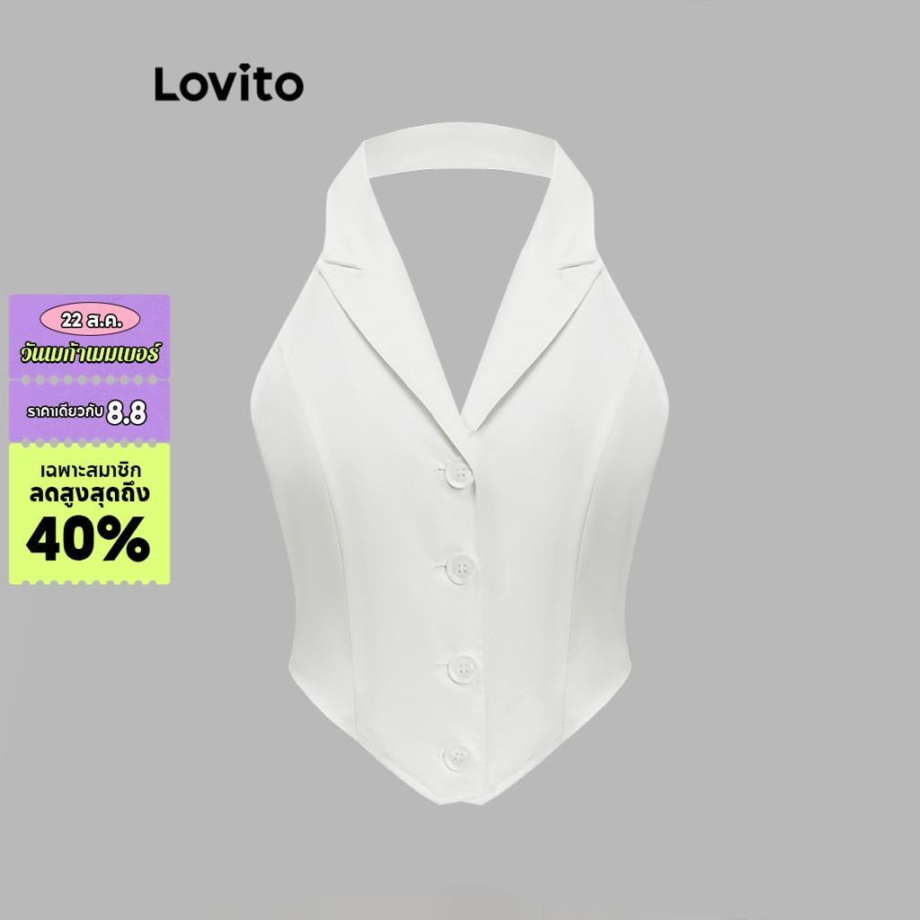 Lovito เสื้อแขนกุดผู้หญิง มีกระดุม ตีเกล็ดหน้า สม็อค สีพื้น สไตล์หรูหรา L93AD083