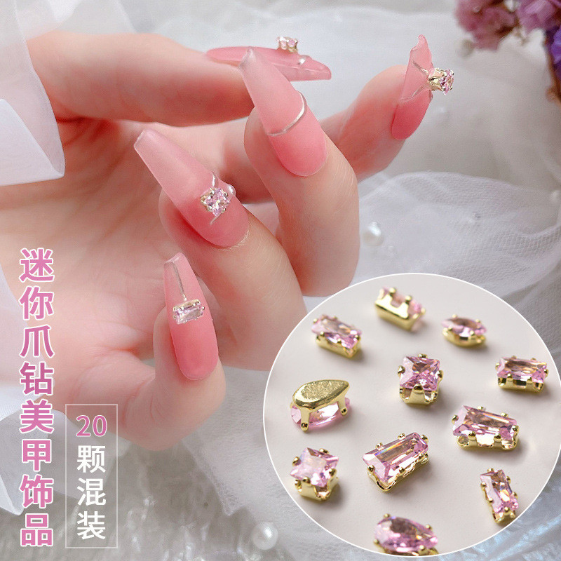 เพ้นท์เล็บสีชมพู20ชิ้นเพชรซูเปอร์แฟลชหยดน้ำตาม้าสีหรูหราเบาเครื่องประดับเพทายเล็บเพชรชุดกล่องผสม