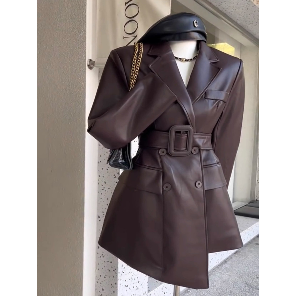 Trendy New High-Grade Female Autumn Coat Go-Getter Girl StyleinsBrown Suit Waist-Tight Leather Coat Retro Super Nice